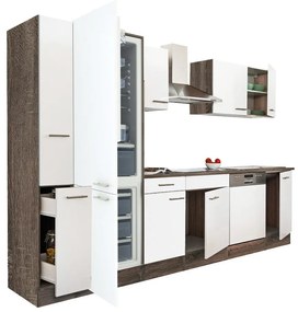 Yorki 310 konyhabútor yorki tölgy korpusz,selyemfényű fehér fronttal alulfagyasztós hűtős szekrénnyel