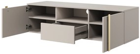 Verica 150 cm-es TV-szekrény, falra szerelhető, nyitott polccal - kasmír / arany fogantyúk