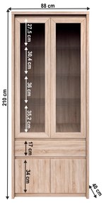 Vitrines szekrény, DTD laminált, tölgy sonoma, NORTY TYP 3