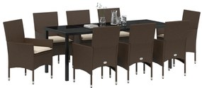 9 Darabos Kerti Étkező Szett Párnákkal Barna Poli Rattan, Kerti Asztal Fekete 200x80x73 cm Edzett Üveg