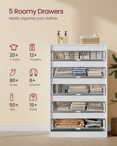 KAILYN kollekció - Modern komód, hófehér fiókos szekrény 5 fiókkal, 40 x 60 x 97,4 cm