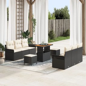 9 Részes Kert Sofa Szett Párnákkal Fekete Poli Rattan Akácia, 2-Személyes Kert Sofa Tárolóval és Párnákkal Fekete Poli Rattan, 3 Részes Kert Étkező Szett Párnákkal Fekete Poli Rattan Akácia