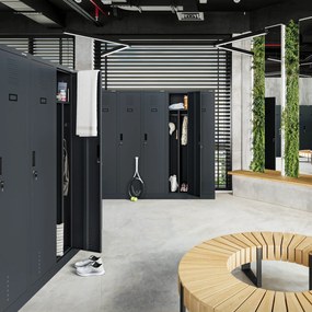 Pléh öltözőszekrény talpazaton, kétmodulos, polccal és köztes fallal KACPER, 800 x 1800 x 500 mm, antracit