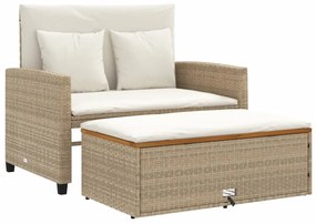 2 személyes bézs polyrattan/akácfa kerti kanapé párnával