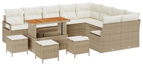 13 darabos kerti kanapé szett párnákkal bézs poly rattan akáciával, 4 darabos kerti étkező szett párnákkal bézs poly rattan akáciával, 2 személyes kerti kanapé párnákkal bézs poly rattan