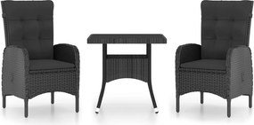 vidaXL 3 részes fekete polyrattan és üveg kerti étkezőgarnitúra