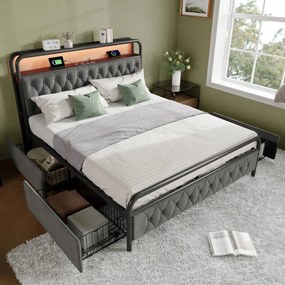 Franciaágy Kárpitozott ágy 140x200cm Led Usb Type-C 4fiók szürke