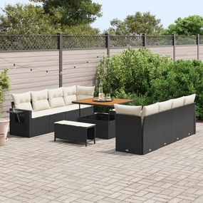 11 Részes Kert Sofa Szett Párnákkal Fekete Poli Rattan Akác, 3 Részes Kert Étkező Szett Párnákkal Fekete Poli Rattan Akác