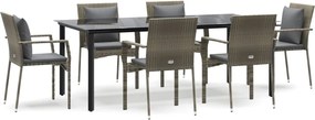 vidaXL 7 részes fekete és szürke polyrattan kerti étkezőszett párnával