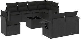 vidaXL 9 részes fekete polyrattan kerti ülőgarnitúra párnákkal