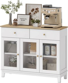 HOMCOM Oldalszekrény 3 Bordás Üvegezett Ajtóval Modern Oldalszekrény 2 Fiókkal és Állítható Polcokkal Étkezőhöz Előszoba Fehér 100x35x80,3 cm | Aosom