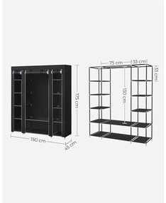 Szövet ruhatároló szekrény hordozható gardrób, fekete 150x45x175cm