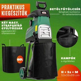 DIOX kerti aprítógép/aprító+2x 60l zsák, 3100W fekete/zöld Gardebruk