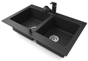 Gránit mosogatótálca NERO Verso + kihúzható zuhanyfejes Shower csaptelep + adagoló (fekete)