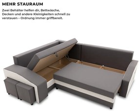 Grande sarokkanapé polcokkal és puffokkal , polc a jobb karfaban puffok a bal karfaban, baloldali, szövet anyag, bonell töltet, szürke - fehér