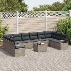 10 darabos kerti kanapé szett párnákkal, fekete poli rattan, 2 személyes kerti kanapé párnákkal, szürke poli rattan