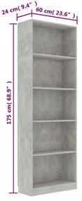 5-szintes betonszürke szerelt fa könyvszekrény 60 x 24 x 175 cm