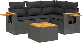 vidaXL 5 részes fekete polyrattan kerti kanapészett párnákkal
