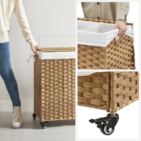 Kézzel fonott rattan stílusú szennyeskosár 3 rekesszel 140L, natúr