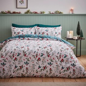 Fehér-zöld egyszemélyes flanel ágyneműhuzat 135x200 cm Holly and Mistletoe – Catherine Lansfield