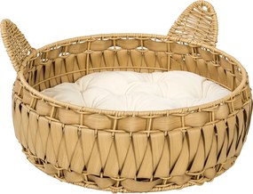 PawHut Rattan macskafekhely, macskabarlang levehető párnával, macskakosár 10 kg-ig, világosbarna
