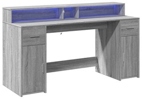 szürke sonoma színű szerelt fa íróasztal LED-ekkel 160x55x91 cm
