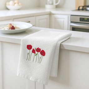 Goldea hímzett waffle konyharuha - pipacsok fehér alapon 50 x 70 cm