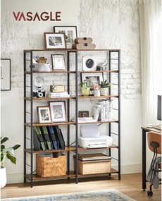 6 szintes könyvespolc, magas tárolópolc, 30 x 120 x 170 cm, barna és fekete