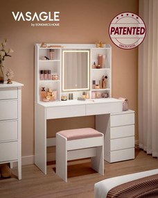 KAILYN Fésülködő asztal, LED világítású sminkasztal tükörrel és fiókokkal, felhőfehér