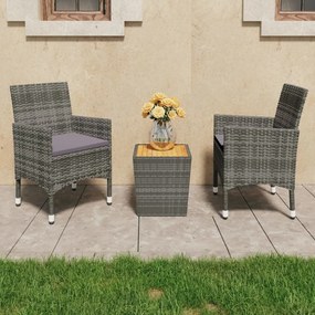 3 részes szürke polyrattan és akácfa bisztrószett