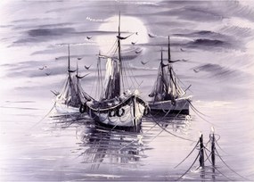 Kép - kikötő, olajfestmény (üvegen) (70x50 cm)
