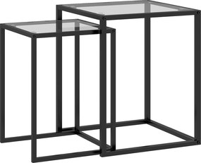 HOMCOM 2 db-os négyzet alakú, halmozható oldaltábla szett, üveg felső résszel és acél kerettel a nappaliba 33x33x45.5 cm és 42x42x50.8 cm fekete | Aos