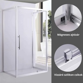 Stuxi Torino 100x80 falsíkra szerelhető 3 oldalú nyílóajtós zuhanykabin 6 mm vízlepergető biztonsági üveggel, króm elemekkel, 200 cm magas
