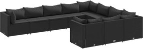 vidaXL 10 részes fekete polyrattan kerti ülőgarnitúra párnákkal