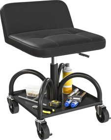 HOMCOM Forgószék Tárolóhellyel, Deréktámasszal, 58,5 cm Magas Munkaszék Max. 135 kg Teherbírással, Garázsba Ideális Fekete Forgószék | Aosom