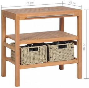 Tömör tíkfa fürdőszobai pipereszekrény 2 kosárral 74x45x75 cm