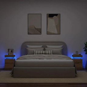 2 db kézműves tölgy szerelt fa LED-es éjjeliszekrény 35x39x55cm