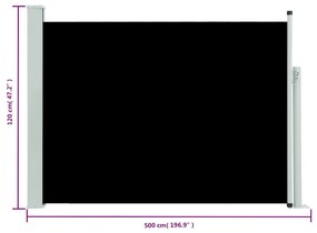 fekete behúzható oldalsó teraszi napellenző 120 x 500 cm