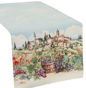 Toszkán vidék hangulatú gépi gobelin asztali futó, 44 x 140 cm