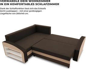 Grande sarokkanapé polcokkal , polc a bal karfaban, baloldali, szövet anyag, bonell töltet, barna