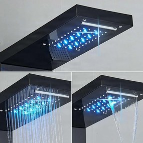 Zuhanyrendszer EYN BSP1912 LED-világítással, vízeséskifolyóval és masszázsfúvókákkal, többféle, például matt fekete és szálcsiszolt ezüst kivitelben — Matt fekete