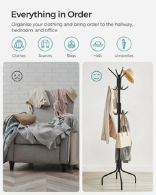 Álló fogas, fém ruhafogas 12 akasztóval, 55 x 55 x 180 cm, fekete