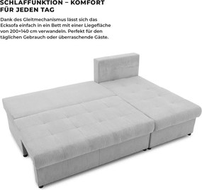 Venezia sarokkanapé, 3 ágyneműtartóval, kordbársony, univerzális oldal, hab töltet, szürke