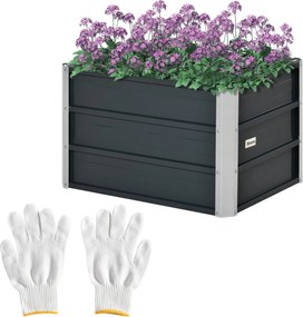 Outsunny Acél Emelt Virágláda Kertészeti Virágfölddozi Kesztyűvel Sötétszürke 66 x 47 x 40 cm | Aosom