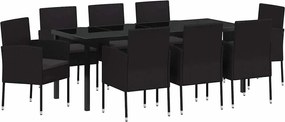 vidaXL Kert étkező szett párnával 9 pcs Fekete polirattan