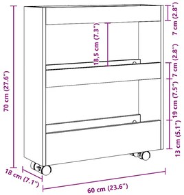 3 szintes kézműves tölgy színű szerelt fa keskeny tárolókocsi