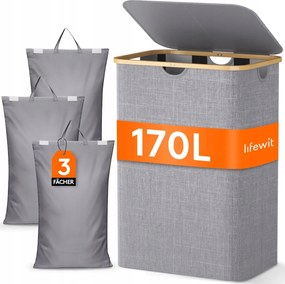 Szabadonálló szennyestartó kosár Lifewit 170l világosszürke 3 rekeszes válogatás