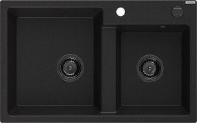 Mexen Tomas  konyhai mosogató gránit 2 medence+ pop up szifon 800 x 500 mm, fekete , szifon  fekete  - 6516802000-77-B 2 medencés