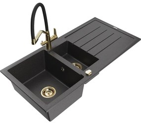 Mexen Andres 1,5-medencés gránit mosogató lefolyóval és Duo konyhai csapteleppel, fekete pöttyös - 6515-76-671701-57-G