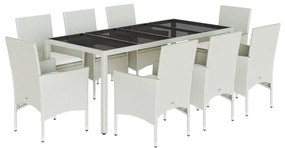 9 részes fehér polyrattan/üveg kerti étkezőgarnitúra párnákkal